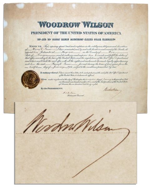 Woodrow Wilson Document Signed as President -- 1914 Postal Appointment Boldly Printed With His Name & Title