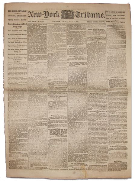 The Battle of Gettysburg & Siege of Vicksburg Are Reported Here in the ''New York Tribune'' Newspaper -- 3 July 1863 Edition