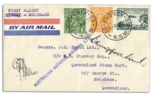 Flown Cover Signed by Australian Aviation Pioneers Charles Kingsford Smith & Charles Ulm -- Commemorating the First Sydney-Brisbane Flight of Their Commercial Airline