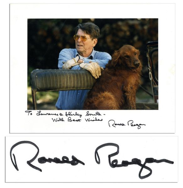 Ronald Reagan Signed 10'' x 8'' Photo of Himself & His Dog -- With His Autograph Inscription