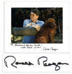 Ronald Reagan Signed 10 x 8 Photo of Himself & His Dog -- With His Autograph Inscription