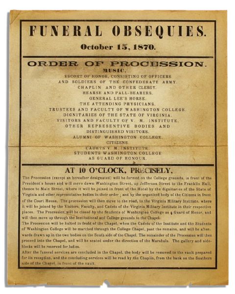 Original Robert E. Lee Funeral Obsequies Broadside -- Detailing the Legendary Civil War Leader's Funeral Procession -- ''...Consisting of Officers and Soldiers of the Confederate Army...''