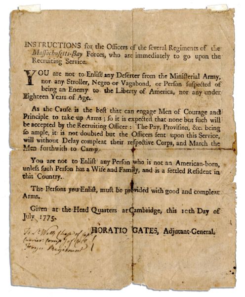 1775 Revolutionary War Broadside -- With Enlistment Instructions From Horatio Gates to Officers of the Massachusetts Bay Forces