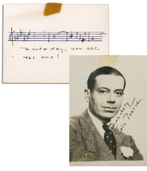 Cole Porter Autograph Manuscript Quotation Signed -- ''Night + day, you are the one!'' -- Also With Signed Photo by Cole Porter
