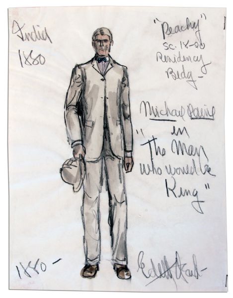 Oscar-Winning Costume Designer Edith Head Original Costume Sketch Signed for Michael Caine -- From the 1975 Film ''The Man Who Would Be King''
