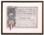 Mutiny on the Bounty Composer Bronislaw Kapers Membership Certificate in ASCAP -- The American Society of Composers and Publishers