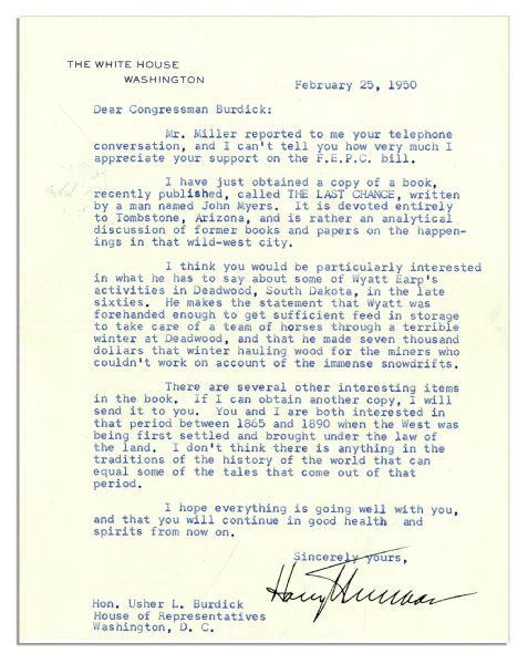 Harry Truman 1950 Typed Letter Signed as President -- Mentioning Both Wyatt Earp & the Fair Employment Bill Being Debated in Congress