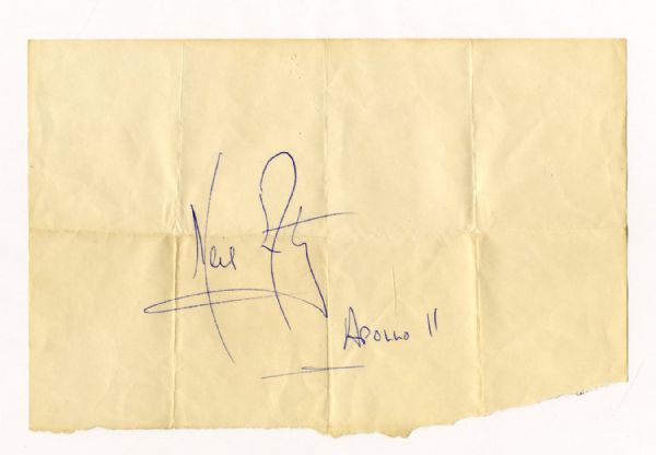 Neil Armstrong's Signature Upon a Slip -- With His Handwritten Inscription of ''Apollo 11''