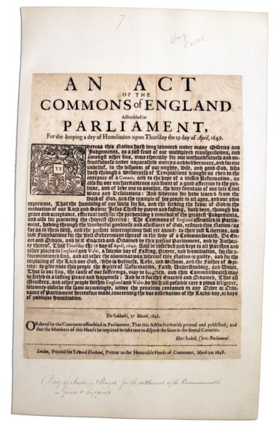 Broadside Issued During the Third English Civil War Calling For a Day of Humiliation
