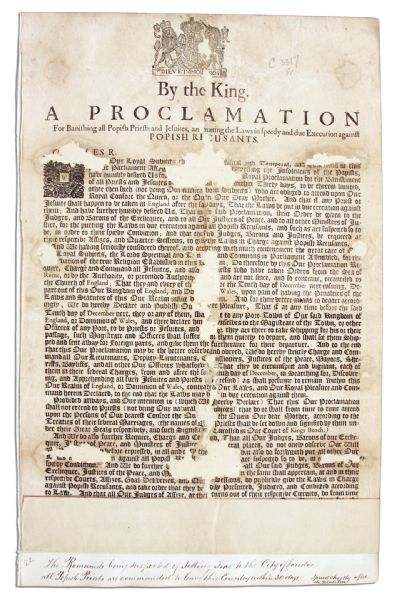 Broadside by King Charles II Issued in 1666 -- Banishing Jesuit Priests After the Great Fire of London