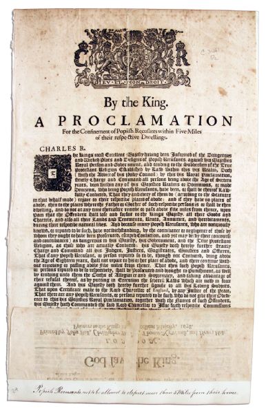 Broadside Issued by King Charles II in 1678 in Response to the Infamous ''Popish Plot'' Hoax -- Limiting ''Popish Recusants'' to a 5 Mile Radius of Their Residences