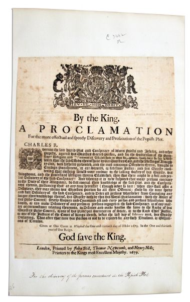 17th Century Broadside of a Proclamation by King Charles II -- Charles Offers Clemency to Expose the ''Popish Plot''