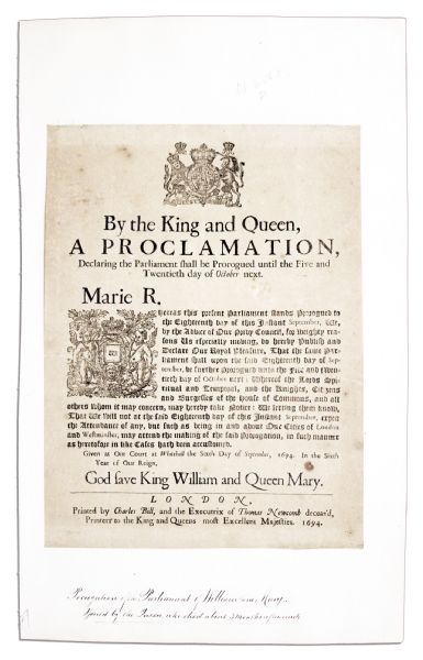 King William III and Queen Mary II 1694 Broadside Declaring The Suspension of Parliament