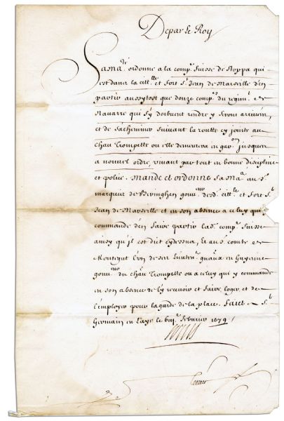 King Louis XIV Document Signed From 1679 -- Louis Issues Military Orders