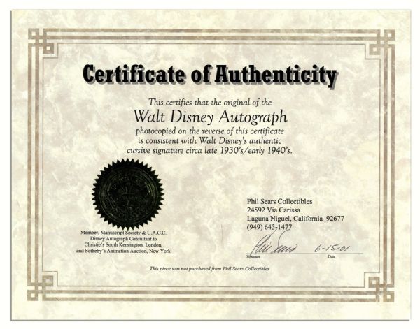 Excellent and Large Walt Disney Autograph on Original Disney Studios Restaurant Menu -- With Phil Sears COA