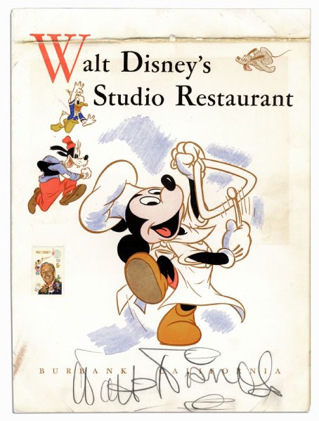 Excellent and Large Walt Disney Autograph on Original Disney Studios Restaurant Menu -- With Phil Sears COA