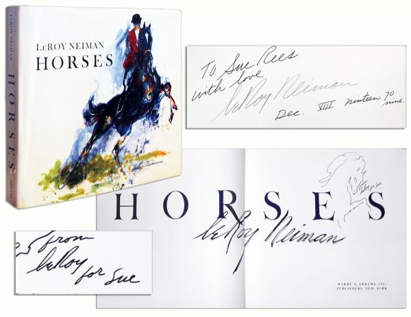 LeRoy Neiman Signed Copy of His Art Book ''Horses'' -- With His Signed Hand-Drawn Sketch of a Horse on the Title Page