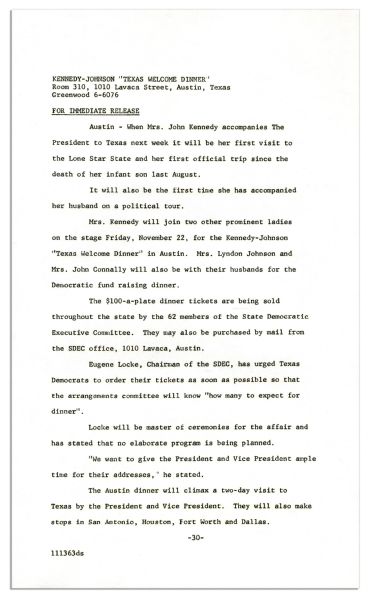 Press Kit & Memo for the JFK Texas Welcome Dinner -- Scheduled the Night of His Assassination