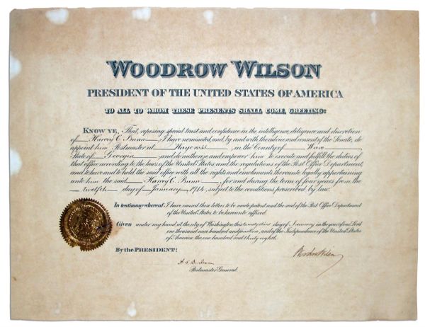 Woodrow Wilson Document Signed as President -- 1914 Postal Appointment Boldly Printed With His Name & Title