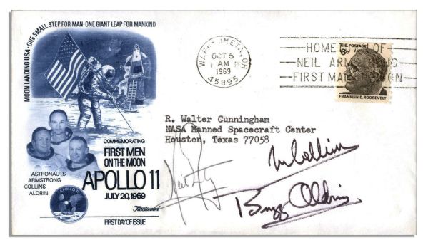 Apollo 11 Crew-Signed Cover From 1969 -- All Three Astronauts Sign Cover Addressed to Walter Cunningham of Apollo 7 -- With Cunningham COA & His Signature on Verso