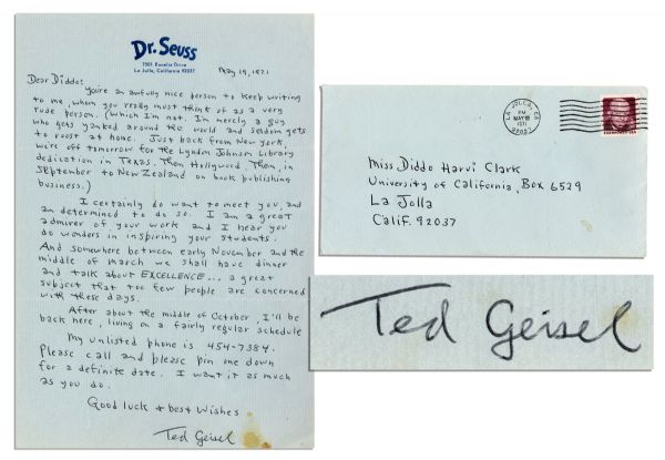 Dr. Seuss Autograph Letter Signed -- ''...we shall have dinner and talk about EXCELLENCE...''