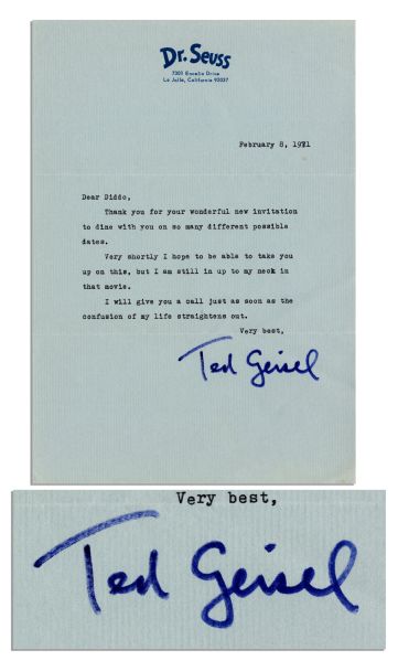 Dr. Seuss Letter Signed -- ''...I am still up to my neck in that movie...'' -- 1971