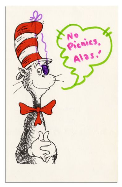 Dr. Seuss Letter & Cat in the Hat Drawing -- ''...I am...getting over an eye operation...I am still learning to focus with my...implant...'' -- 1976