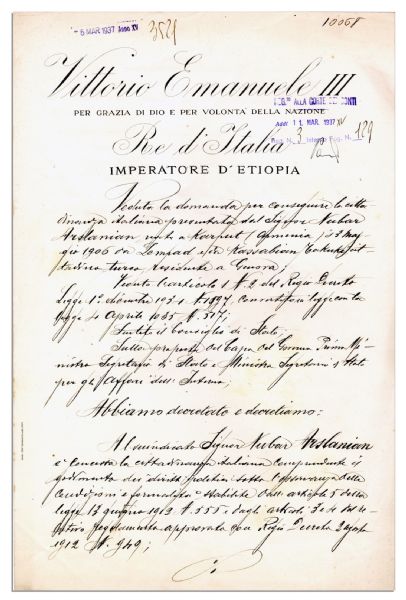 World War II-Dated 1937 Document Signed by Axis Leader Benito Mussolini