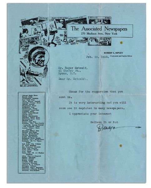 Robert Ripley Typed Letter Signed Accepting a Fan's ''suggestion'' -- ''...you will see it soon depicted in many newspapers...'' -- 1929