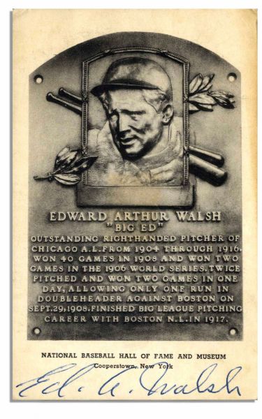 Rare Signed Postcard Featuring Ed Walsh's Hall of Fame Plaque -- Postcard Signed by Ed Walsh