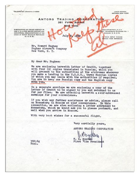 Scarce Howard Hughes Typed Letter Signed -- Regarding His Historic 1938 Round-the-World Flight  -- Letter Enables Him to Land and Refuel in the U.S.S.R. During the Flight