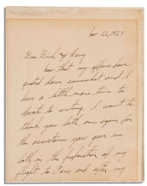 Charles Lindbergh November 1927 Autograph Letter Signed -- ''...in preparation of my flight to Paris...the efficient manner in which you handled things...is something which I deeply appreciate...''