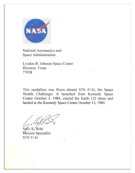 Sally Ride Letter Signed & Space Flown Medallion -- From the 1984 Challenger Flight