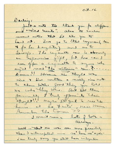 General Dwight Eisenhower WWII Autograph Letter Signed to his Wife, Mamie, Thanking Her For Various Gifts -- ''...Just a note to thank you for slippers and 'Wild Wests'''
