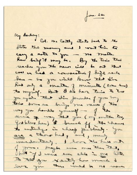 Dwight Eisenhower WWII Letter to His Wife -- ''...I'm prouder of you every time someone brings me news of the way you...brush off the chance to indulge in cheap publicity. You are a thorobred...''