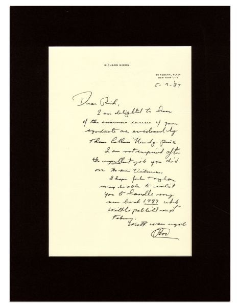 Richard Nixon Autograph Letter Signed -- ''...I am not surprised after the excellent job you did on No More Vietnams...'' -- 1987