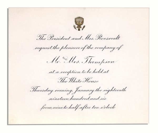 Theodore Roosevelt 1906 Invitation to The White House & His First Lady's Signature -- With a Stereograph Card of the State Dining Room in The White House