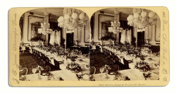 Theodore Roosevelt 1906 Invitation to The White House & His First Lady's Signature -- With a Stereograph Card of the State Dining Room in The White House