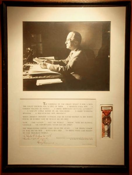 President Harry Truman Signed Inauguration Tribute -- Framed Together With a Photograph & Inauguration Committee Member Badge -- 1949