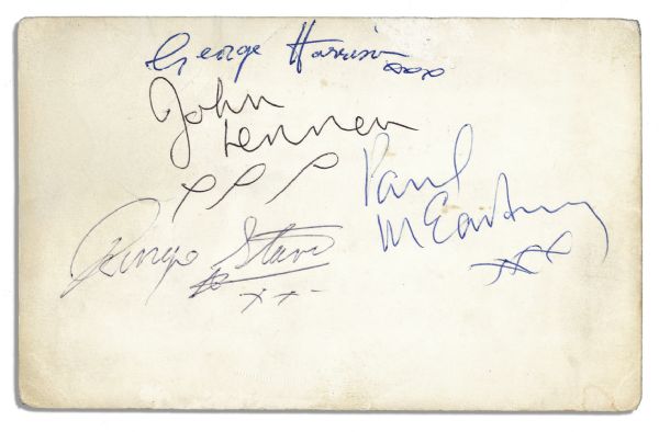 Beatles Promo Card Signed by All Four Members, Circa Late 1962 -- Shortly After Ringo Starr Became the New Drummer