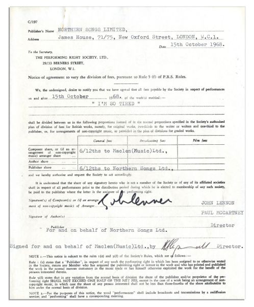 John Lennon Signed 1968 Contract for ''I'm So Tired'' on The Beatles White Album