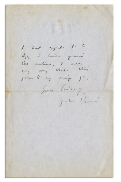 J.M. Barrie Autograph Letter Signed About His Famous Boy-Protagonist -- ''...I didn't see any German papers about Peter Pan but would like to. Do as you think best with...'Peter'...''
