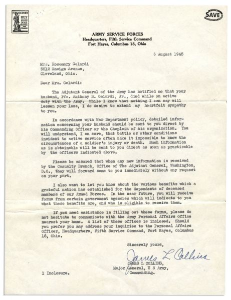 WWII Collection of Letters From Various Military Generals, Including General Douglas MacArthur -- ''...The report has just reached me that your husband...has laid down his life for his country...'' 
