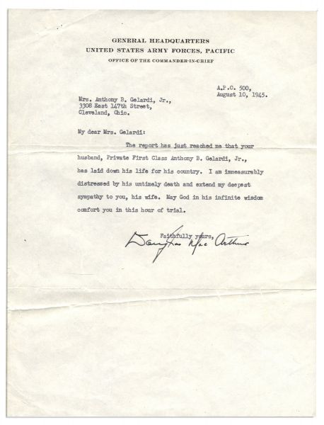 WWII Collection of Letters From Various Military Generals, Including General Douglas MacArthur -- ''...The report has just reached me that your husband...has laid down his life for his country...'' 