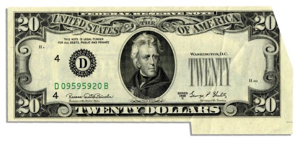$20 Federal Reserve Error Note -- Series 1969-C, Cleveland -- Upper Right Corner Cut Off, Lower Right Corner Extra Large Margins