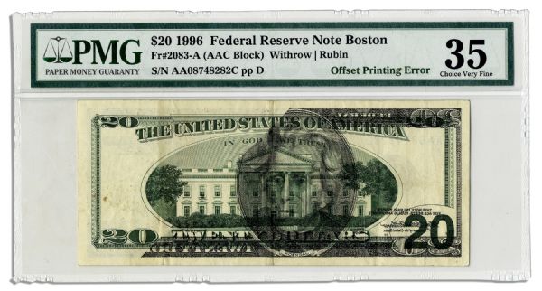 $20 Federal Reserve Error Note -- Series 1996, Boston -- Offset Printing Error -- PMG 35