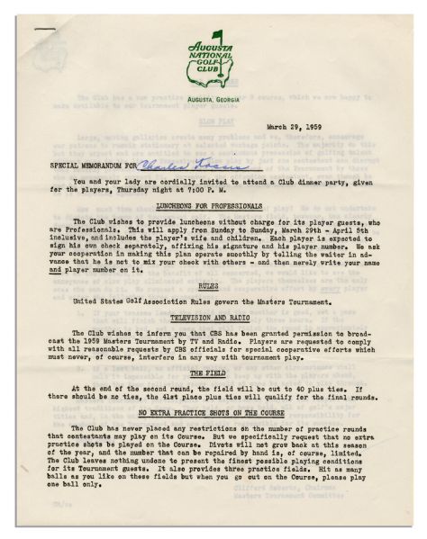 Clifford Roberts 1959 Typed Letter Signed Regarding the 1959 Masters Tournament -- Roberts Outlines Tournament Rules & Guidelines