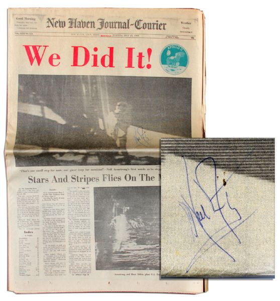 Neil Armstrong Signed 21 July 1969 New Haven Journal-Gazette Newspaper -- We Did It!
