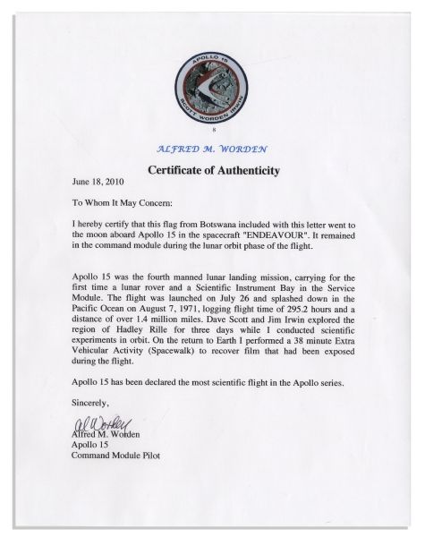 Apollo 15 Flown 6'' x 4'' Botswana Flag -- Signed & Inscribed ''Flown to the Moon on Apollo 15 Al Worden CMP'' by NASA Astronaut Al Worden -- Near Fine -- Also With COA by Worden