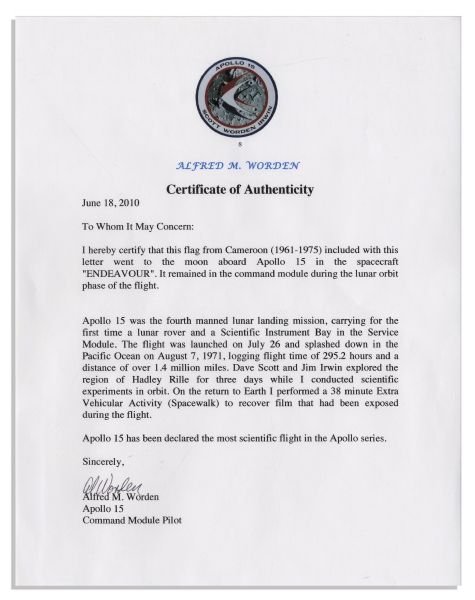Apollo 15 Flown 6'' x 4'' Cameroon Flag -- Signed & Inscribed ''Flown to the Moon on Apollo 15 Al Worden CMP'' by NASA Astronaut Al Worden -- Near Fine -- Also With COA by Worden
